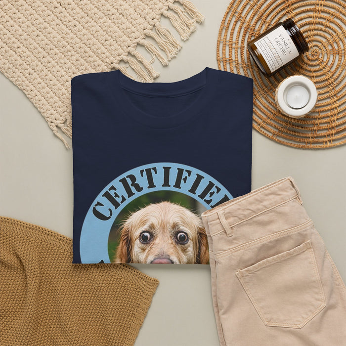 Certified Velcro Dog T‑Shirt – Funny Pet Lover Tee with Dog Face Badge