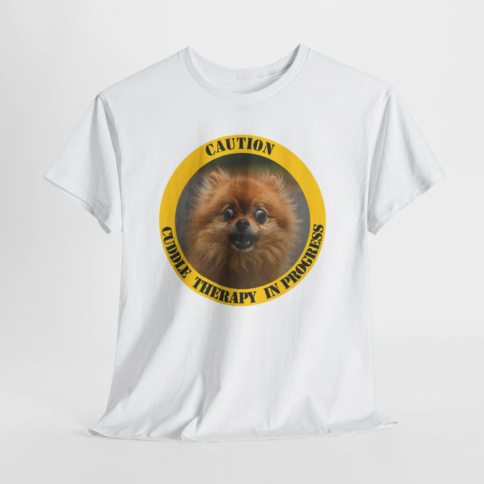 Pomeranian Caution Tee — "Cuddle Therapy in Progress" Dog Lover T-Shirt
