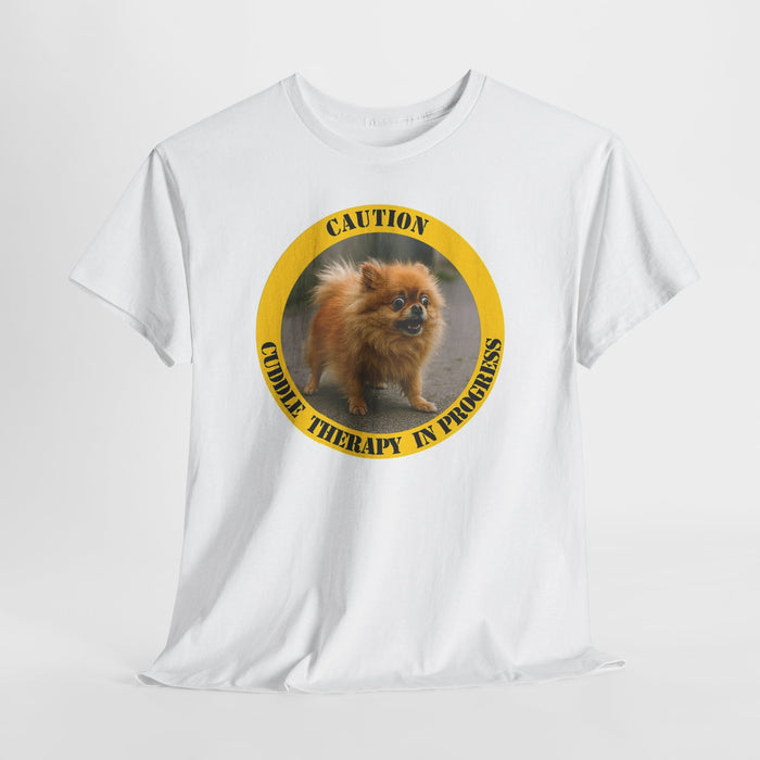 Pomeranian Caution Tee - "Cuddle Therapy in Progress" Dog Lover Shirt