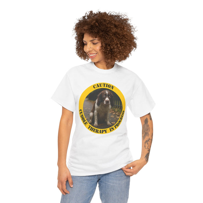 Cuddle Therapy Tee — "Caution: Cuddle Therapy in Progress" Dog Graphic T-Shirt