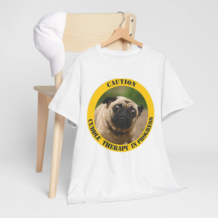 Pug Caution Tee – “Cuddle Therapy in Progress” Dog Rescue Shirt