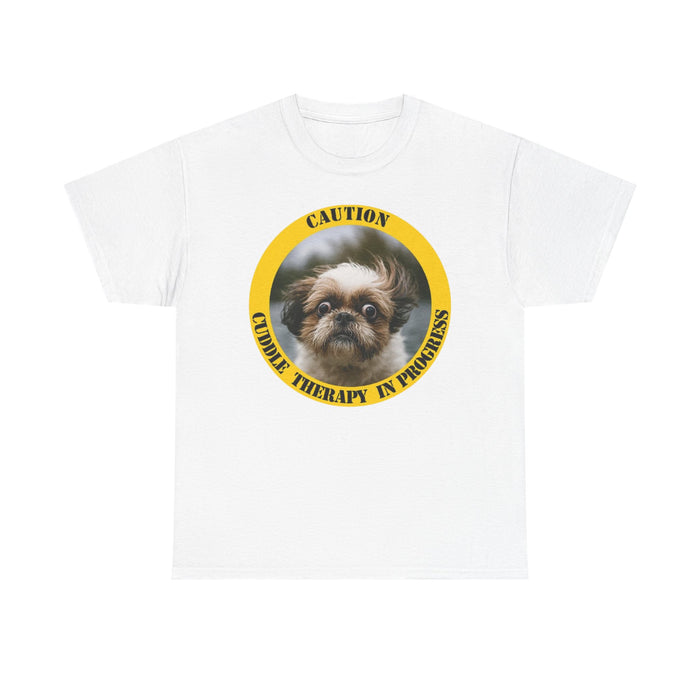 Caution: Cuddle Therapy in Progress Tee — Cute Dog Photo Graphic T-Shirt
