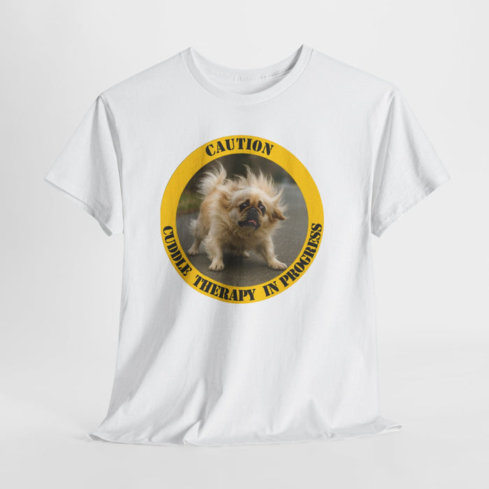 T-Shirt — "Caution: Cuddle Therapy in Progress" Funny Fluffy Dog Tee