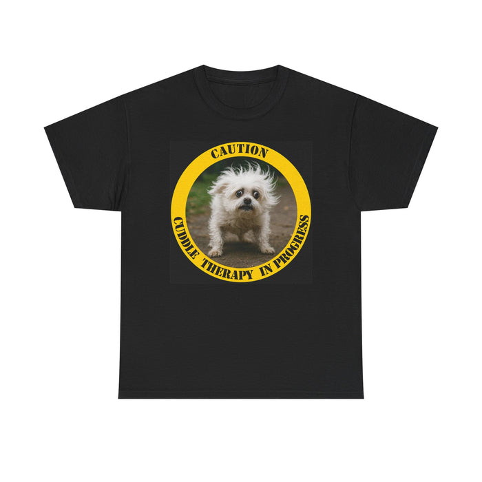 Caution Cuddle Therapy In Progress T-Shirt — Cute Fluffy Dog Graphic Tee