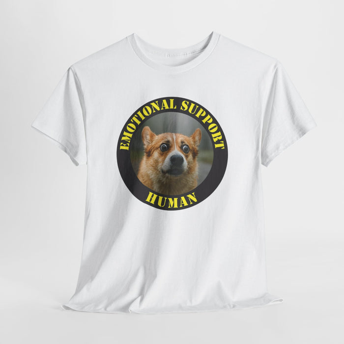 Emotional Support Human Tee — Cute Corgi Badge Graphic Shirt