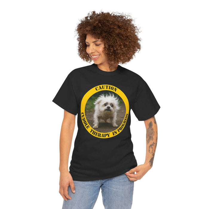 Caution Cuddle Therapy In Progress T-Shirt — Cute Fluffy Dog Graphic Tee