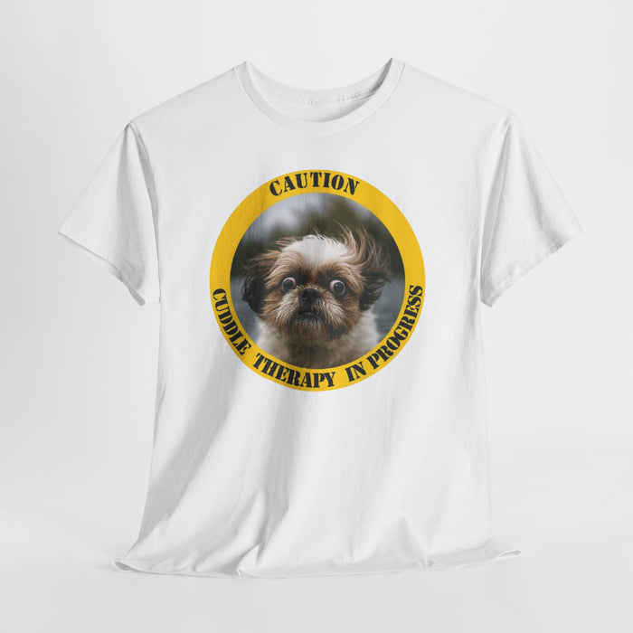 Caution: Cuddle Therapy in Progress Tee — Cute Dog Photo Graphic T-Shirt