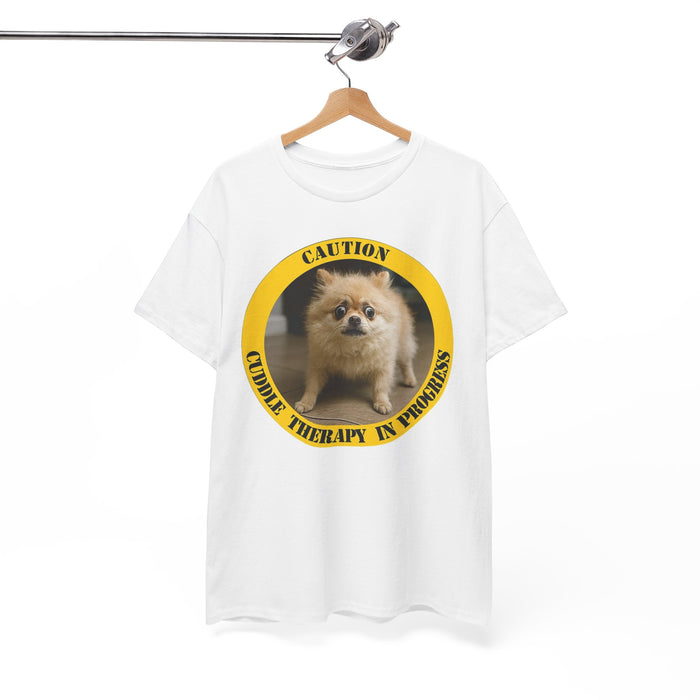 T-Shirt — "Caution: Cuddle Therapy in Progress" Cute Pomeranian Graphic Tee