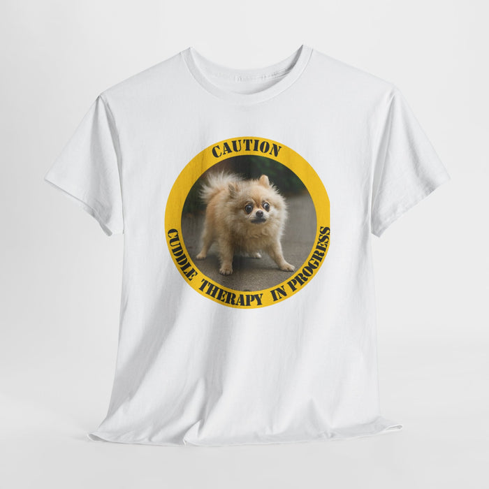 Pomeranian Caution Tee – "Cuddle Therapy in Progress" Dog Lover T-Shirt