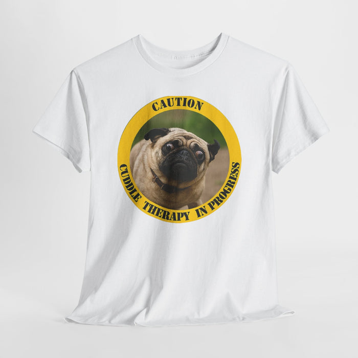 Pug Caution Tee – “Cuddle Therapy in Progress” Dog Rescue Shirt