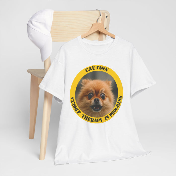 Dog Therapy Tee — “Caution: Cuddle Therapy in Progress” Pomeranian Shirt