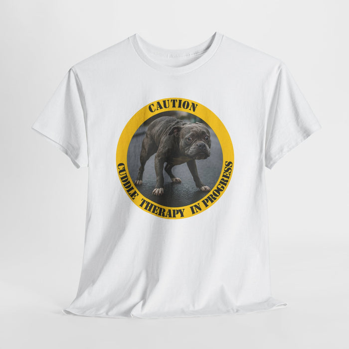 Therapy Pug T-Shirt — "Caution: Canine Therapy in Progress"