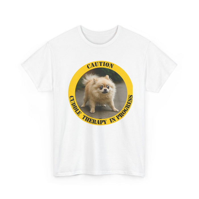 Pomeranian Caution Tee – "Cuddle Therapy in Progress" Dog Lover T-Shirt
