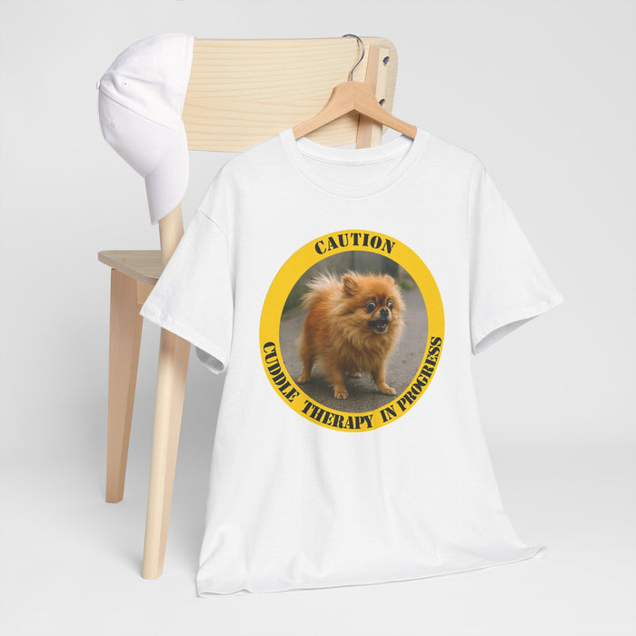 Pomeranian Caution Tee - "Cuddle Therapy in Progress" Dog Lover Shirt
