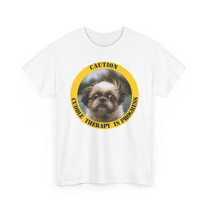 Caution: Cuddle Therapy in Progress Tee — Cute Dog Photo Graphic T-Shirt