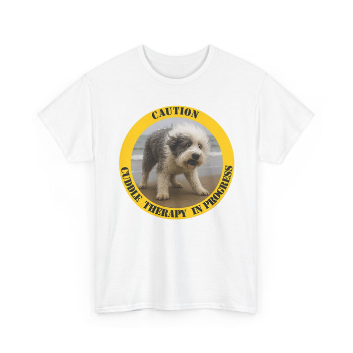 Dog Caution Tee — "Cuddie Therapy in Progress" Rescue Pet T‑Shirt
