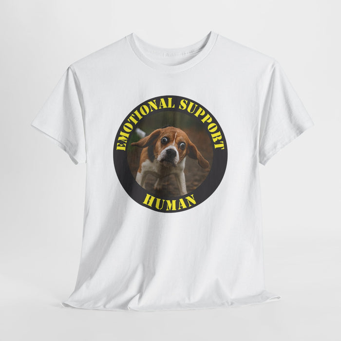 Emotional Support Human T‑Shirt — Funny Pet Rescue Tee with Cute Dog Badge