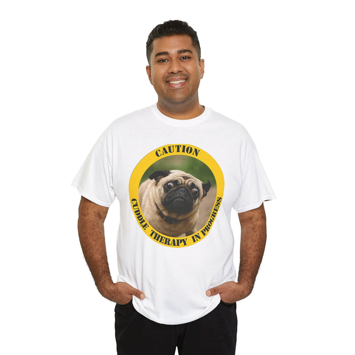 Pug Caution Tee – “Cuddle Therapy in Progress” Dog Rescue Shirt