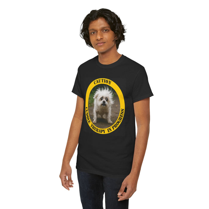 Caution Cuddle Therapy In Progress T-Shirt — Cute Fluffy Dog Graphic Tee