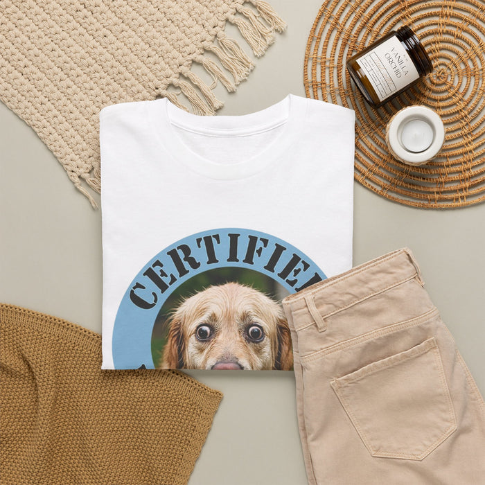 Certified Velcro Dog T‑Shirt – Funny Pet Lover Tee with Dog Face Badge