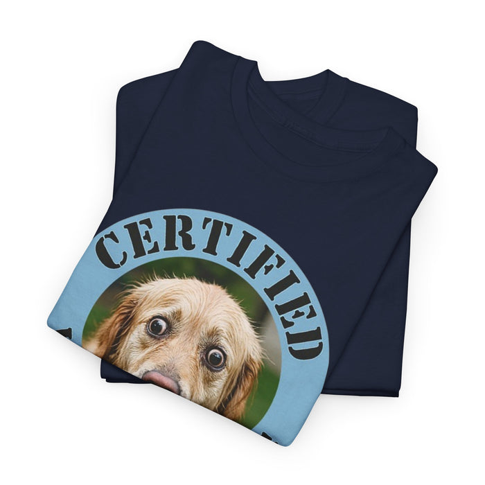 Certified Velcro Dog T‑Shirt – Funny Pet Lover Tee with Dog Face Badge