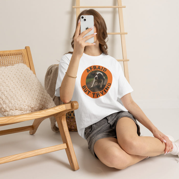 Afraid But Trying T‑Shirt — Cute Puppy Encouragement Tee