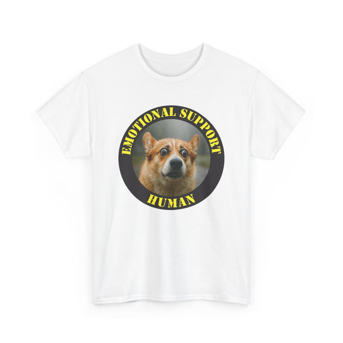 Emotional Support Human Tee — Cute Corgi Badge Graphic Shirt
