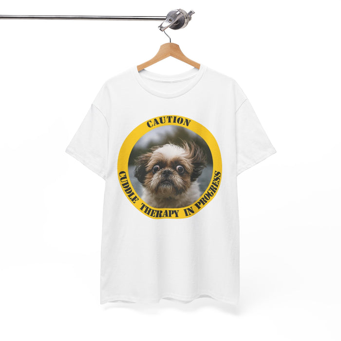 Caution: Cuddle Therapy in Progress Tee — Cute Dog Photo Graphic T-Shirt