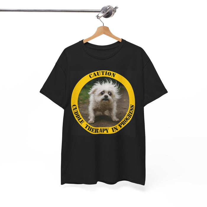 Caution Cuddle Therapy In Progress T-Shirt — Cute Fluffy Dog Graphic Tee