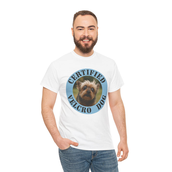Certified Velcro Dog T‑Shirt — Funny Pet Lover Tee with Yorkie Photo