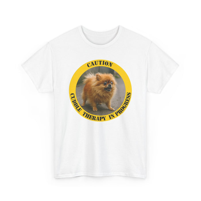 Pomeranian Caution Tee - "Cuddle Therapy in Progress" Dog Lover Shirt