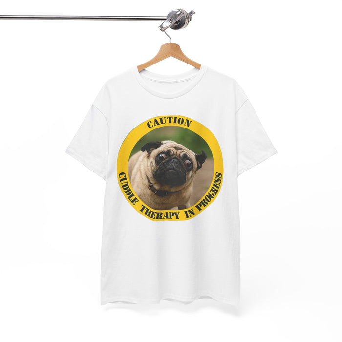 Pug Caution Tee – “Cuddle Therapy in Progress” Dog Rescue Shirt
