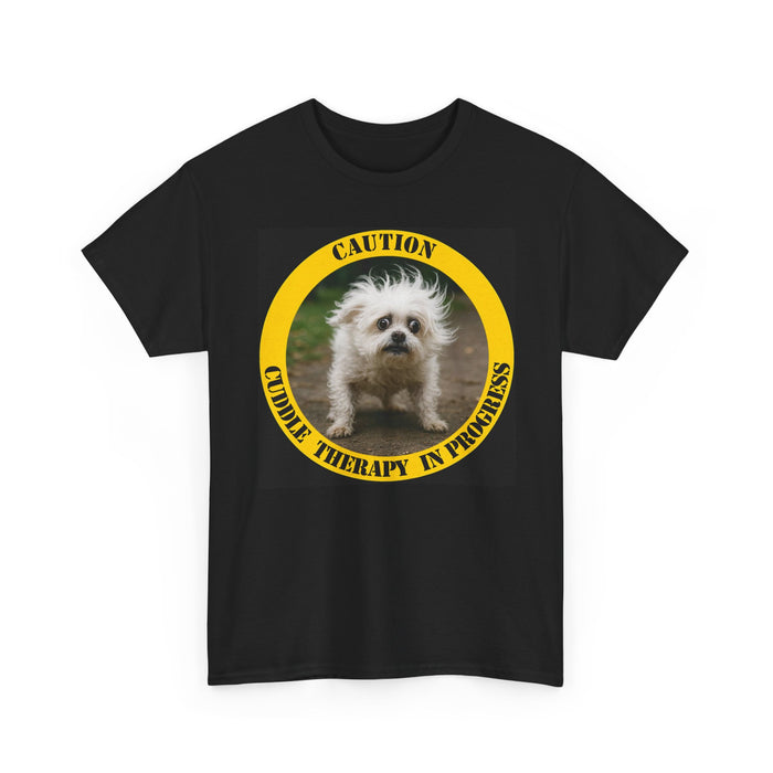 Caution Cuddle Therapy In Progress T-Shirt — Cute Fluffy Dog Graphic Tee