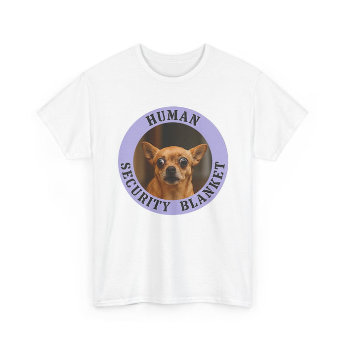 Human Security Blanket Tee — Cute Chihuahua Vintage Badge T‑Shirt