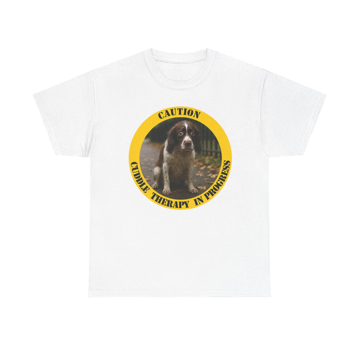 Cuddle Therapy Tee — "Caution: Cuddle Therapy in Progress" Dog Graphic T-Shirt
