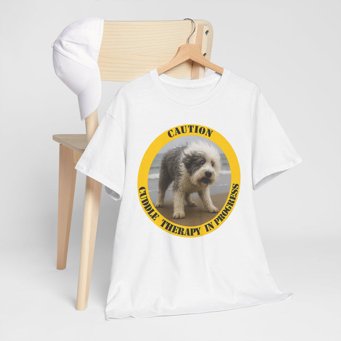 Dog Caution Tee — "Cuddie Therapy in Progress" Rescue Pet T‑Shirt