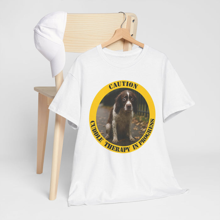 Cuddle Therapy Tee — "Caution: Cuddle Therapy in Progress" Dog Graphic T-Shirt