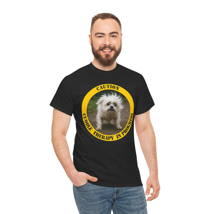 Caution Cuddle Therapy In Progress T-Shirt — Cute Fluffy Dog Graphic Tee