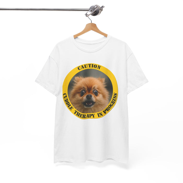 Dog Therapy Tee — “Caution: Cuddle Therapy in Progress” Pomeranian Shirt