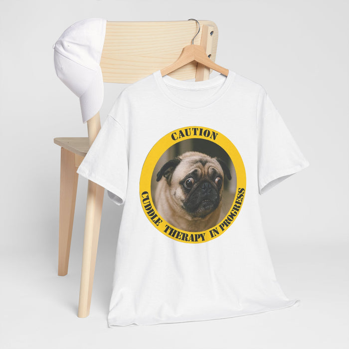 Pug Caution Tee – "Cuddle Therapy in Progress" Dog Lover T‑Shirt