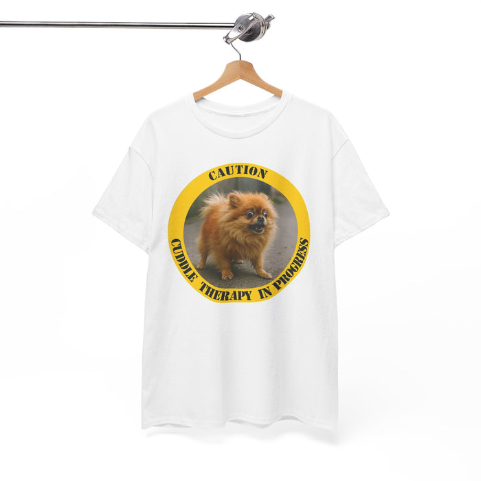Pomeranian Caution Tee - "Cuddle Therapy in Progress" Dog Lover Shirt