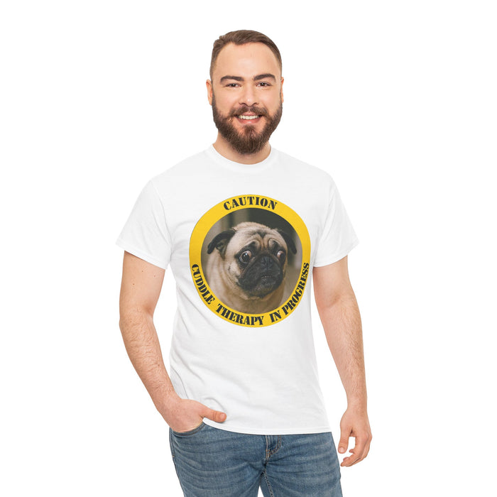 Pug Caution Tee – "Cuddle Therapy in Progress" Dog Lover T‑Shirt
