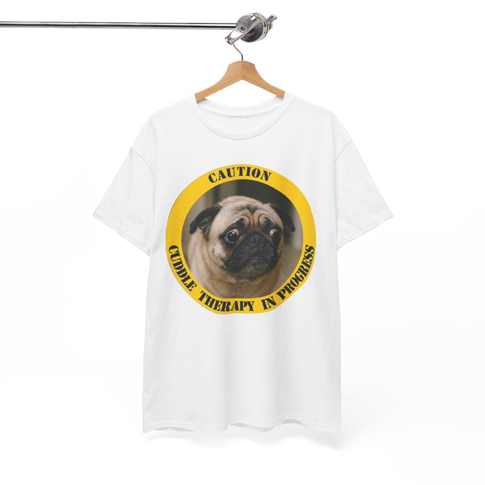Pug Caution Tee – "Cuddle Therapy in Progress" Dog Lover T‑Shirt