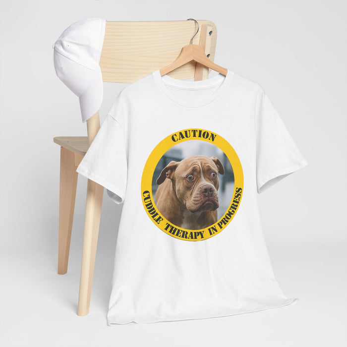 Dog Cuddle Therapy Tee — "Caution: Cuddle Therapy in Progress"