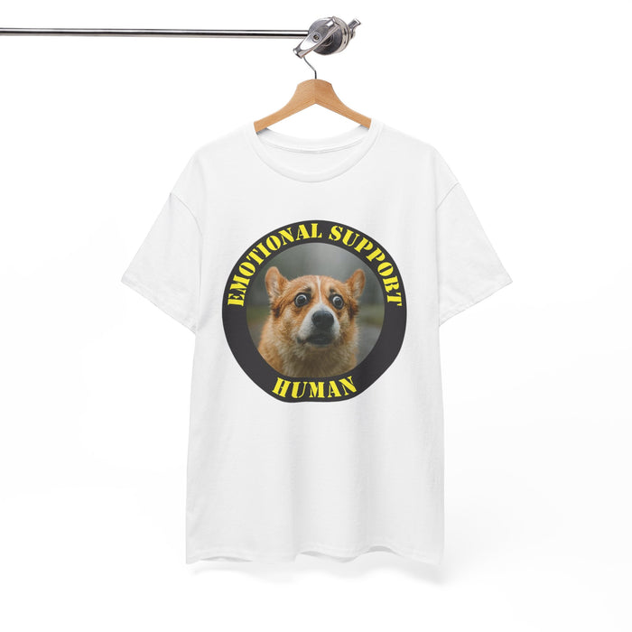 Emotional Support Human Tee — Cute Corgi Badge Graphic Shirt