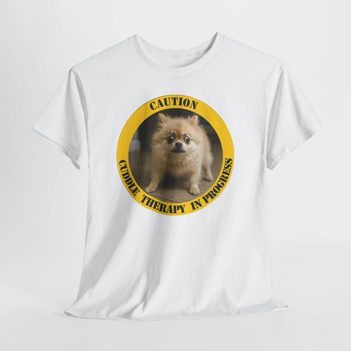 T-Shirt — "Caution: Cuddle Therapy in Progress" Cute Pomeranian Graphic Tee