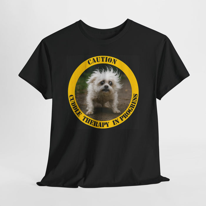 Caution Cuddle Therapy In Progress T-Shirt — Cute Fluffy Dog Graphic Tee