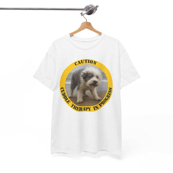 Dog Caution Tee — "Cuddie Therapy in Progress" Rescue Pet T‑Shirt