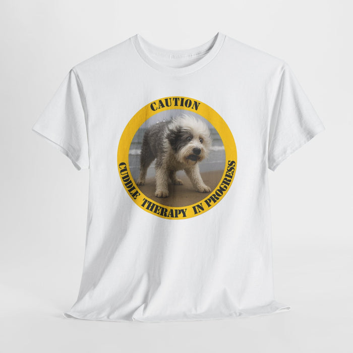 Dog Caution Tee — "Cuddie Therapy in Progress" Rescue Pet T‑Shirt