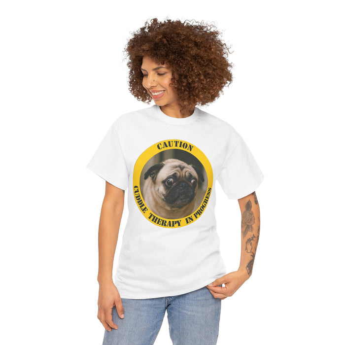Pug Caution Tee – "Cuddle Therapy in Progress" Dog Lover T‑Shirt